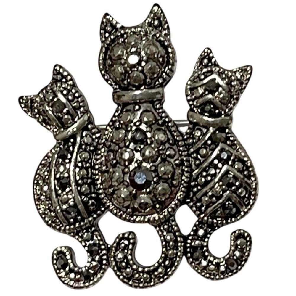 Cat Trio Brooch Pin Marcasite Art Deco Silver Tone Cat Mom Kitties Feline